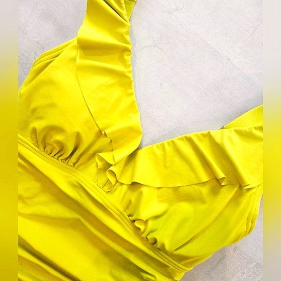 DKNY Yellow Ruched One Piece Swimsuit, Ruffles Plunge Neckline, NWT - Picture 2 of 4